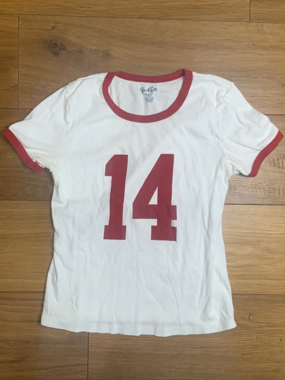 John Galt White and Red Ring Collared “14” T-Shirt